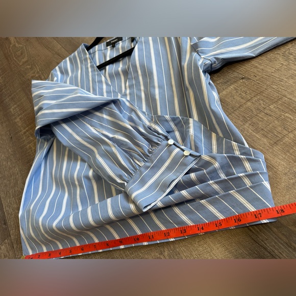Theory Quincy Striped Faux Wrap Long-Sleeve Top - Blue & White Striped - Large - Picture 7 of 17